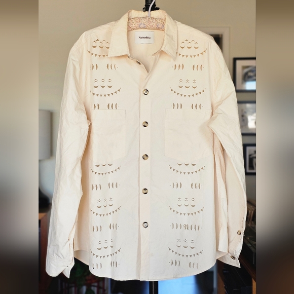 Nanushka Tops - Nanushka Creme Heavy Poplin Laser Cut Button-Up Shirt